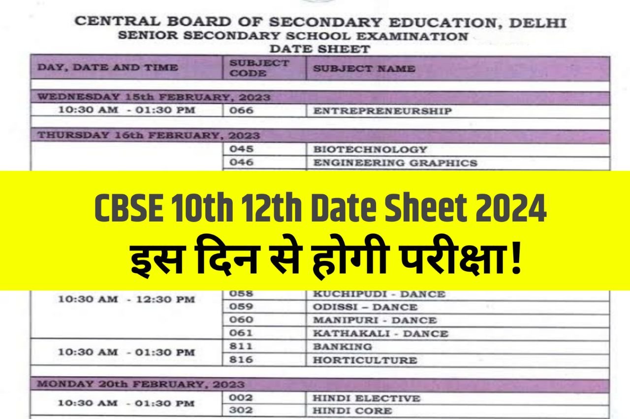 CBSE Board Exam Time table 2024 Live CBSE class 10th, 12th Date Sheet
