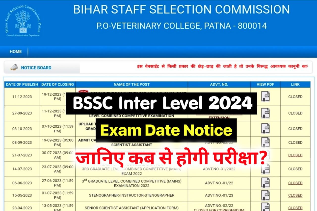 BSSC Inter Level Exam Date 2024, Admit Card Notice @onlinebssc.com