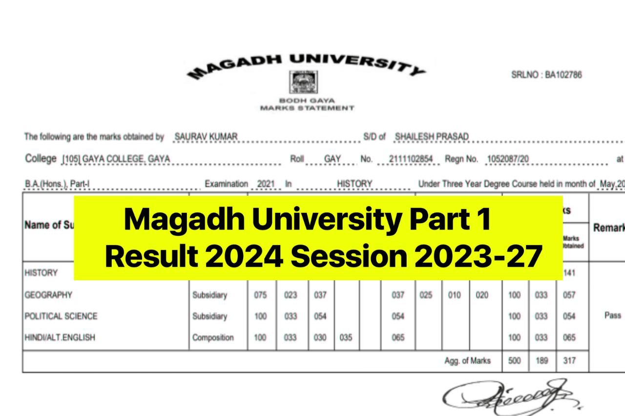 Magadh University Part 1 Result 2024 (2023- 27) @www.magadhuniversity.ac.in BA BSc BCom 1st Year Marksheet