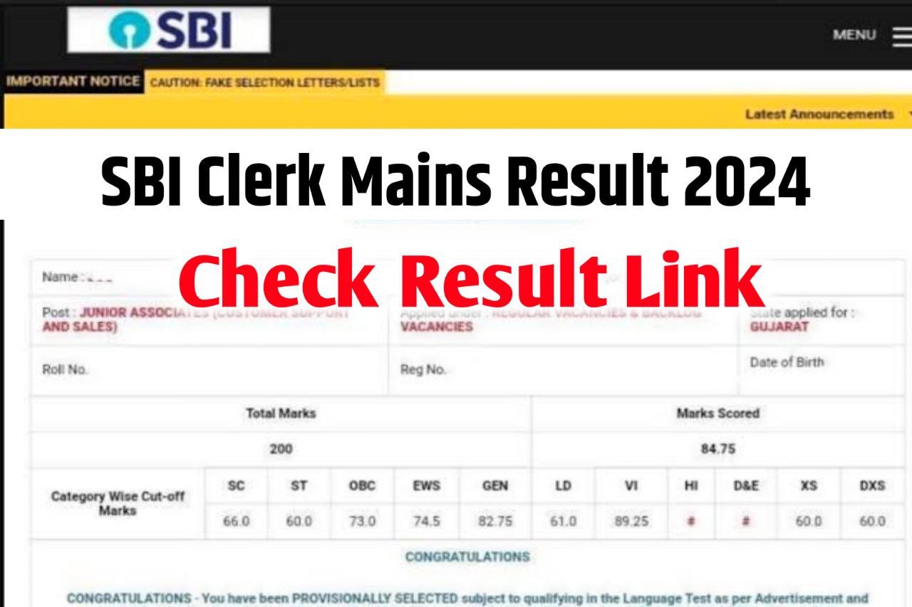 SBI Clerk Mains Result 2024, JA Final Score and Result @www.sbi.co.in